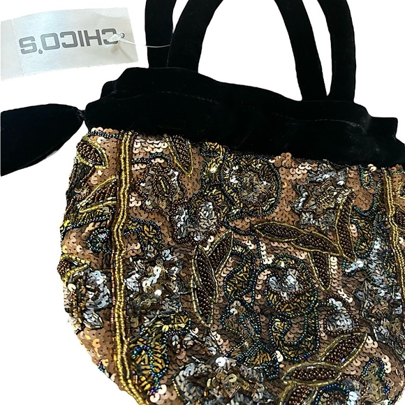 Chico’s Beaded Sequin Flapper 20s Great Gatsby Velvet Bucket Bag Purse Gold New - Picture 3 of 11
